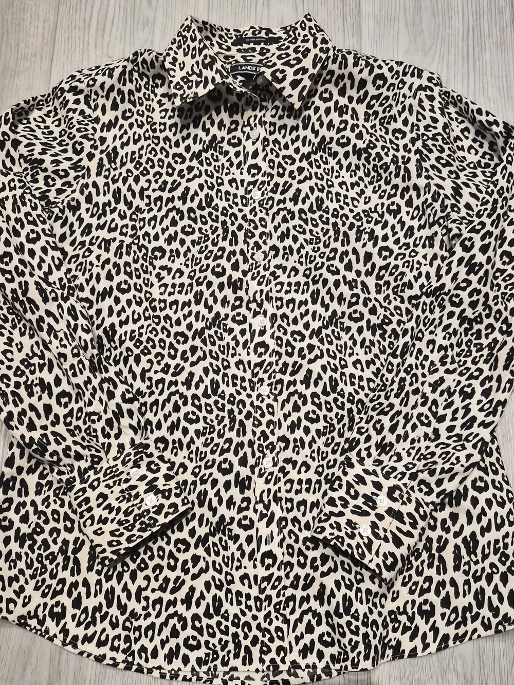 Lands' End Women's Black and Cream Leopard Print Button-Down Shirt